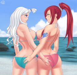 ass_focus ass_grab big_breasts booty clothed_female cyan_bikini erza_scarlet fairy_tail female/female female_focus female_only long_hair mirajane_strauss pink_bikini rocky-ace yuri