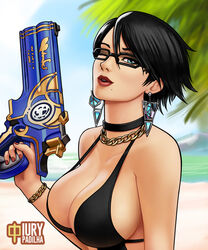 bayonetta bayonetta_(character) bayonetta_2 beach big_breasts bikini bikini_top black_bra black_hair bracelet choker dark_hair earrings eyewear female female_focus female_only firearm glasses gun handgun iury_padilha large_breasts mole mole_under_mouth necklace pistol short_hair solo solo_female solo_focus weapon