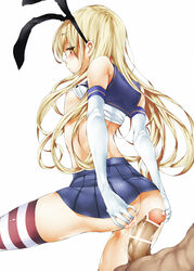 1boy blonde blonde_hair breasts bunny_ears female highres imminent_sex imminent_vaginal kantai_collection light_brown_eyes long_hair penis pussy pussy_juice shimakaze_(kantai_collection) simple_background small_breasts spread_pussy ushiro_muki very_long_hair white_background