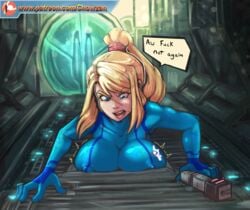 1girls accident accidentally_stuck blonde_hair bodysuit breasts cleavage english_text erect_nipples female female_only female_protagonist femsub gun huge_breasts humor inconvenient_breasts metroid mole_under_mouth mouth_open nintendo nipple_bulge patreon patreon_username ponytail reliusmax samus_aran skin_tight speech_bubble stuck stuck_in_vent sweating text vent zero_suit zero_suit_samus