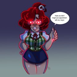 2020 animal_crossing big_ass big_breasts big_butt blush breasts cosplay freckles glowing_eyes isabelle_(animal_crossing) isabelle_(animal_crossing)_(cosplay) nintendo quinn_(raccoon_sama) raccoon_sama red_eyes red_hair secretary self_upload smug smug_face thick_thighs tight_clothing tight_fit yandere