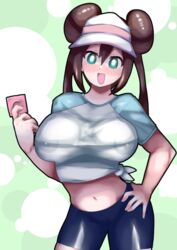 1girls big_breasts bike_shorts blue_eyes blush condom double_bun female holding holding_condom huge_breasts long_hair looking_at_viewer nintendo nipples_visible_through_clothing pale-skinned_female pale_skin pokemon pokemon_bw2 rosa_(pokemon) shorts spandex_shorts suteakazuzuki twintails