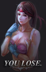 art_of_fighting artist_name belt black_background blue_gloves bra breasts brown_eyebrows brown_eyes brown_hair defeated dirty dirty_body english_text erinerin99 eyebrows female female_only hand_on_breast headband hi_res highres injury japanese k.o. lips long_hair looking_at_viewer nails pale-skinned_female pink_bra red_headband red_lips red_nails simple_background solo solo_female solo_focus spandex torn_bra torn_clothes torn_shirt yuri_sakazaki