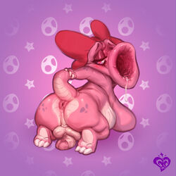 1futa anus ass backsack balls birdo breasts cock-tail drooling full_body furry futa_only futa_sans_pussy futanari half-closed_eyes heart heart-shaped_pupils kneeling looking_at_viewer looking_back mario_(series) nintendo open_mouth penis presenting presenting_hindquarters purple_background quasart raised_tail scalie solo solo_female solo_futa tail taint testicles