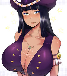 1boy 1girls aroused bangs big_breasts black_hair blue_eyes breasts cleavage cowboy_hat embarrassed female giantess hat huge_breasts large_breasts macro_female male micro_in_cleavage micro_male micro_on_macro miss_all_sunday nico_robin one_piece person_between_breasts pinkkoffin pre-timeskip purple_hat roronoa_zoro shrunk smaller_male tan_skin