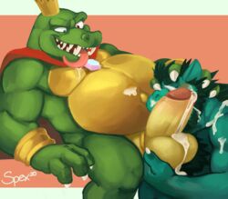 alligator alligatorid anthro balls bodily_fluids crocodilian cum donkey_kong_(series) dragon duo genital_fluids genitals gus hi_res k_rool male male/male male_only mammal musclegut nintendo oral precum reptile scalie spectral-bat suid suina super_smash_bros. sus_(pig) video_games wild_boar