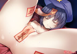 after_sex bangs black_hair blue_headwear breasts closed_eyes collarbone commentary_request cum cum_in_pussy eyebrows_visible_through_hair female flat_cap foreshortening hat hibari_hina highres human legs_up lying ofuda ofuda_on_nipples ofuda_on_pussy on_back open_mouth pale_skin short_hair sleeping solo spread_legs star_(symbol) sweat talisman talisman_pasties tape taped_nipples taped_pussy touhou yoshika_miyako