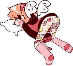 1girls anus ass biting blush drawz_artz female female_focus female_only hair jacket orange_hair original original_character panties panties_aside pillow pussy pussy_juice socks sticker stickers teeth vagina wings