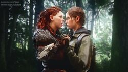 2girls 3d 3d_(artwork) aloy blender crossover ellie_(the_last_of_us) ellie_williams female female_only fjaye fully_clothed guerilla_games hand_holding hi_res horizon_zero_dawn kissing long_hair naughty_dog playstation ponytail saliva_string sony_interactive_entertainment the_last_of_us the_last_of_us_2 tongue tongue_kiss tongue_out wallpaper yuri