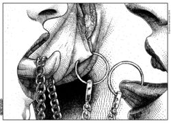 2014 3girls apollonia_saintclair artist_signature black_and_white chains close-up labia_piercing labia_ring monochrome nose open_mouth pussy tongue tongue_out tongue_piercing tongue_ring vagina yuri