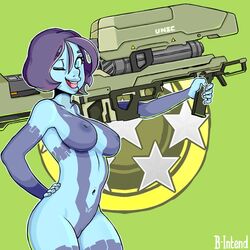 2d artificial_intelligence b-intend blue_eyes blue_skin bob_cut breasts cortana female female_only halo_(series) hologram lanhar_vids m6_spartan_laser microsoft nipples short_hair