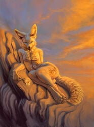 2020 4_toes 5_fingers andromorph anthro barely_visible_genitalia barely_visible_pussy canid canine cuntboy day detailed_background digital_media_(artwork) fennec fingers fox genitals hibbary intersex looking_at_viewer male mammal outside pussy sky solo toes