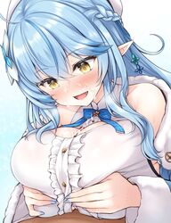 blue_hair blush breasts cleavage commentary_request cum cum_on_body cum_on_breasts cum_on_upper_body female fingernails flower hair_flower hair_ornament hat highres hololive hololive_gen_5 hololive_japan large_breasts long_hair paizuri paizuri_under_clothes pointy_ears simple_background uni8 virtual_youtuber yellow_eyes yukihana_lamy