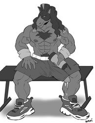 abs absurd_res anthro bodily_fluids bottomwear clothing cum equid erection footwear fur genital_fluids genitals hi_res looking_at_viewer male male_only mammal monochrome mudsdale muscular muscular_anthro muscular_male nintendo nipples pecs pokémon_(species) pokemon shoes shorts simple_background smiling_at_viewer solo video_games wani_panic white_background