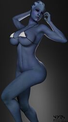 1girls 3d alien alien_girl areola areolae asari big_breasts bikini bikini_top blue_skin bottomless breasts closed_eyes eyes_closed female female_only hairless_pussy large_breasts liara_t'soni mass_effect mass_effect_2 mass_effect_3 no_humans nyes117 pinup shaved_pussy solo standing tagme thin_waist