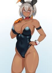 1girls bea_(pokemon) big_breasts bunny_ears bunnysuit choker dark-skinned_female dark_skin dzlily earrings eye_contact female gloves grey_hair large_breasts leotard looking_at_viewer nintendo pokemon pokemon_ss ribbon short_hair smile standing thick_thighs thighs