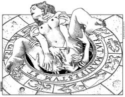 1girls 2014 apollonia_saintclair artist_signature black_and_white breasts disembodied_hand disembodied_hands feet fingering hand_on_neck hand_on_shoulder hand_on_thigh monochrome nipples nude portal zodiac_(astrology)