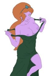 1girls breasts breasts_out dark_green_dress destripando_la_historia dress female female_only goddess green_dress green_eyes licking_lips licking_own_lips nipples orange_hair persephone_(destripando_la_historia) purple_skin showing_breasts undressing winking