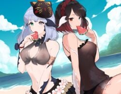 absurd_res au_ra auri_rei_(character) beach bikini bikini_bottom bikini_top black_nail_polish braid breasts eating final_fantasy final_fantasy_xiv freckles green_eyes grey_eyes heterochromia hi_res horns junko_tanaka long_hair mask nail_polish nipples nipples_visible_through_clothing ocean raen red_eyes sakotach sand scales see-through see-through_clothing short_hair summer water watermelon wet_clothes xaela