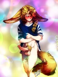 1boy animal_humanoid big_ears big_penis blonde_hair blush blushing_profusely bodily_fluids bottomless braided_hair brown_hair canid canid_humanoid canine canine_humanoid clothed clothing clothing_lift colorful_background dripping_penis dripping_precum ears_down embarrassed erection fennec fennec_humanoid fluffy fluffy_tail foreskin fox fox_humanoid fox_tail fur genital_fluids genitals girly hair heterochromia hi_res humanoid ichihara_hoshiko_(socchinn) large_shirt long_hair looking_away male male_only mammal mammal_humanoid pale_skin penis pivoted_ears precum pubes red_eyes shirt shirt_lift shy signature socchinn solo t-shirt topwear yellow_body yellow_eyes yellow_fur