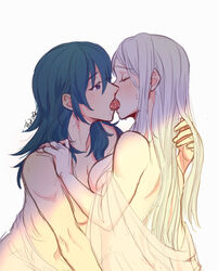 2girls blue_hair blush byleth_(fire_emblem) byleth_(fire_emblem)_(female) edelgard_von_hresvelg female female_protagonist fingering fingering_partner fire_emblem fire_emblem:_three_houses french_kiss kissing long_hair nintendo nude riromomo sweat white_hair yuri