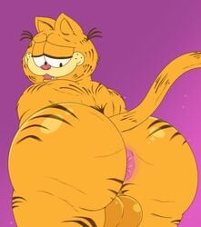 anthro anus ass balls bent_over big_butt black_stripes domestic_cat felid feline felis fur garfield_(series) garfield_the_cat genitals hi_res looking_at_butt male male_only mammal mkcrown nickelodeon nude open_mouth orange_body orange_fur overweight overweight_anthro overweight_male paws,_inc. presenting presenting_hindquarters simple_background solo stripes thick_thighs