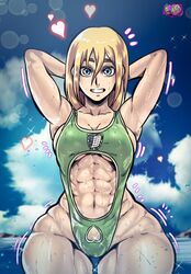 1girls abs armpits arms_behind_head arms_up attack_on_titan blonde_hair blue_eyes breasts christa_lenz cleavage d-art female female_focus female_only historia_reiss looking_at_viewer muscular_female muscular_thighs one-piece_swimsuit shingeki_no_kyojin smile smiling solo solo_female solo_focus swimsuit thick_thighs wide_hips