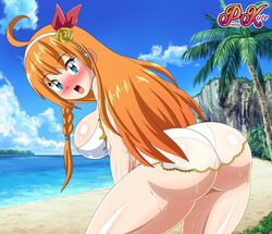1girls ass beach big_ass big_breasts blush breasts female hair_ornament huge_ass huge_thighs large_breasts long_hair orange_hair pale-skinned_female pale_skin pecorine pk-studios princess_connect! princess_connect!_re:dive shiny_skin thick_thighs thighs