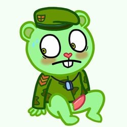 1:1 anthro bigpixelz blush clothed clothing ellyart embarrassed erection flippy_(htf) genitals happy_tree_friends male male_only mammal penis solo ursid