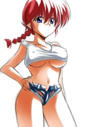 1girls blue_eyes clothing daisy_dukes erect_nipples erect_nipples_under_clothes large_breasts medium_breasts ranma-chan ranma_1/2 ranma_saotome red_hair shorts solo twintails underboob yamada_(fanfantaisa)