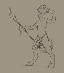 almar anthro balls clenched_teeth clothing equid equine genitals half-erect loincloth male male_only mammal penis simple_background sketch solo teeth weapon zebra