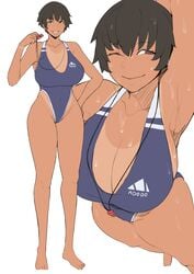 1girls armpits arms_up blush brown_hair cleavage dark-skinned_female dark_skin huge_breasts nodo one-piece_swimsuit original original_character puzenketsu short_hair solo sweat tan_skin tanline tanlines thick_thighs tomboy toned top_heavy waan_(puzenketsu) whistle wink