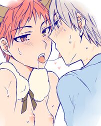 1boy 1girls age_difference blush breasts genderswap_(mtf) grey_hair heterochromia kuroko_no_basuke mayuzumi_chihiro nipples red_hair rule_63 seijuro_akashi short_hair small_breasts sweat