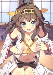 breasts gorudazo hairy_pussy japanese_clothes kantai_collection kongou_(kantai_collection) tagme tongue_out