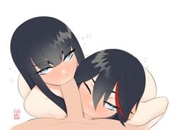 1boy 2girls 3some arcbun ball_sucking black_hair blush collaborative_fellatio eye_contact fellatio ffm_threesome first_person_view full-face_blush kill_la_kill kiryuuin_satsuki long_hair looking_at_viewer male_pov matoi_ryuuko multiple_girls nude oral pov pov_eye_contact studio_trigger teamwork threesome