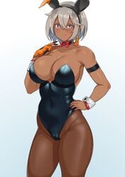 1girls alternate_version_available bea_(pokemon) big_breasts bunny_ears bunnysuit choker dark-skinned_female dark_skin dzlily earrings eye_contact female gloves grey_hair large_breasts leotard looking_at_viewer nintendo pantyhose pokemon pokemon_ss ribbon short_hair smile standing thick_thighs thighs