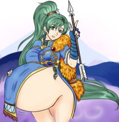 alternate_costume arrow big_belly earrings fire_emblem fire_emblem:_the_blazing_blade fire_emblem_heroes gloves green_eyes green_hair large_breasts long_hair looking_at_viewer lyn_(brave_lady)_(fire_emblem) lyn_(fire_emblem) mellowqueennia official_alternate_costume ponytail pregnant scarf smile soft-circles teeth thick_thighs