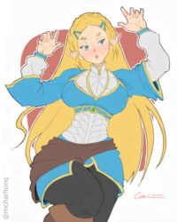 2020 5_fingers arms_up big_ears blonde_eyebrows blonde_hair blue_eyes blue_shirt boots braids breath_of_the_wild clothed_female curvy curvy_figure eyebrows female hair_braid knees_up light-skinned_female long_hair mcharltonq necklace nintendo pants pointy_ears princess_zelda slim solo_female solo_focus the_legend_of_zelda zelda_(breath_of_the_wild)