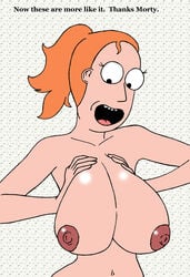 areolae big_breasts breast_squeeze dialogue female female_only large_breasts mouth_open nipples nude nude_female red_hair rick_and_morty sbb summer_smith white_skin