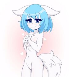 animal_ears blue_hair covering_breasts looking_at_viewer nude thrumbo virtual_youtuber white_fur wolf_ears wolf_tail wolfychu youtube youtuber