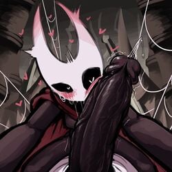 1girls blush blushing boxman cape cloak cock cock_hungry cock_worship cum erection female heart heart-shaped_pupils hollow_knight hornet_(hollow_knight) huge_cock leaking_precum male penis penis_awe penis_on_face pov precum red_cape spider_web spread_legs symbol-shaped_pupils web