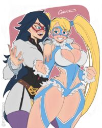 2girls 5_fingers belly belly_button belt big_breasts blonde_hair blue_hair capcom curvy female_only handcuffs heroine light-skinned_female long_hair mask mcharltonq midnight_(my_hero_academia) my_hero_academia nemuri_kayama rainbow_mika smiling street_fighter thick_thighs twintails wrestling