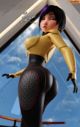 1girls 3d 3d_(artwork) armor artist_name asian asian_female ass back back_view big_ass big_breasts big_hero_6 black_hair blender_(software) bodysuit bottomwear breasts busty clothed clothed_female clothes clothing curvaceous curvy dyed_hair english_text female female_only from_behind fully_clothed gloves gogo_tomago hair handwear hi_res highlights_(coloring) huge_ass human large_ass large_breasts legs_together light-skinned_female light_skin looking_at_viewer looking_back looking_back_at_viewer marvel multicolored_hair open_mouth pose posing presenting presenting_hindquarters purple_highlights question raised_eyebrow rear_view short_hair skin_tight smitty34 solo standing straight_hair talking talking_to_viewer teeth text thick_thighs thighs tight_clothing topwear two_tone_hair voluptuous wide_hips