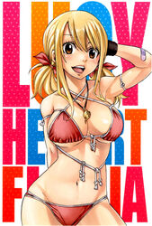 1girls bandaid belly bikini blonde_hair cleavage fairy_tail female hand_behind_back hand_behind_head hazel_eyes hiro_mashima large_breasts looking_at_viewer lucy_heartfilia mashima_hiro navel necklace necklace_between_breasts official_art twintails