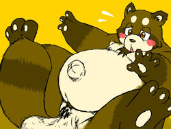 2009 anthro balls big_balls big_balls_small_penis blush brown_body brown_fur canid canine censored chiro_(artist) erection flaccid foreskin fur genitals kemono male male_only mammal navel overweight overweight_anthro overweight_male penis raccoon_dog simple_background small_penis solo tanuki uncut yellow_background