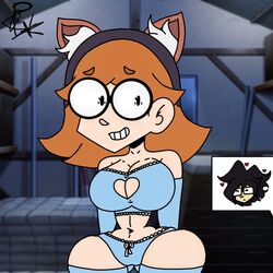 artist_request blue_bra blue_panties blue_stockings bra cat_ears glasses illymation ilyssa_levy lingerie nervous panties red_hair stockings youtube youtuber