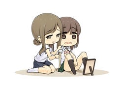 2girls blush brown_eyes brown_hair chibi fingering hair_bun hand_on_another's_shoulder komaniwa_pumpkin masturbation mirror multiple_girls open_clothes open_shirt original sitting solid_circle_eyes thick_eyebrows yuri