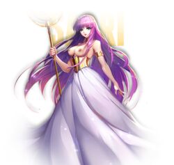 1girls athena_(saint_seiya) breasts dress exposed_breasts female female_only goddess long_dress long_hair purple_hair saint_seiya saori_kido shounen_jump solo strapless strapless_dress topless