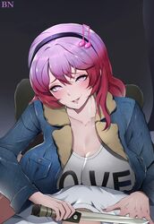 :) blush bn_(artist) breasts clothing danganronpa danganronpa_another evil_grin eye_contact fanganronpa heart-shaped_pupils huge_breasts jacket knife looking_at_viewer love medium_breasts otonokoji_kanade pink_eyes pink_hair pov pov_eye_contact red_hair sdra2 seductive_smile smirk smooth_skin super_danganronpa_another_2 yandere