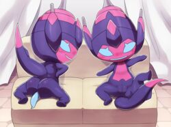 ass blue_eyes blue_penis blush curtains detailed_background duo female feral furniture genitals hi_res horn looking_at_viewer looking_back lying male nintendo ofuro on_back on_front on_sofa penis pink_body poipole pokémon_(species) pokemon purple_body pussy raised_tail sitting smile sofa spread_legs spreading tapering_penis ultra_beast video_games